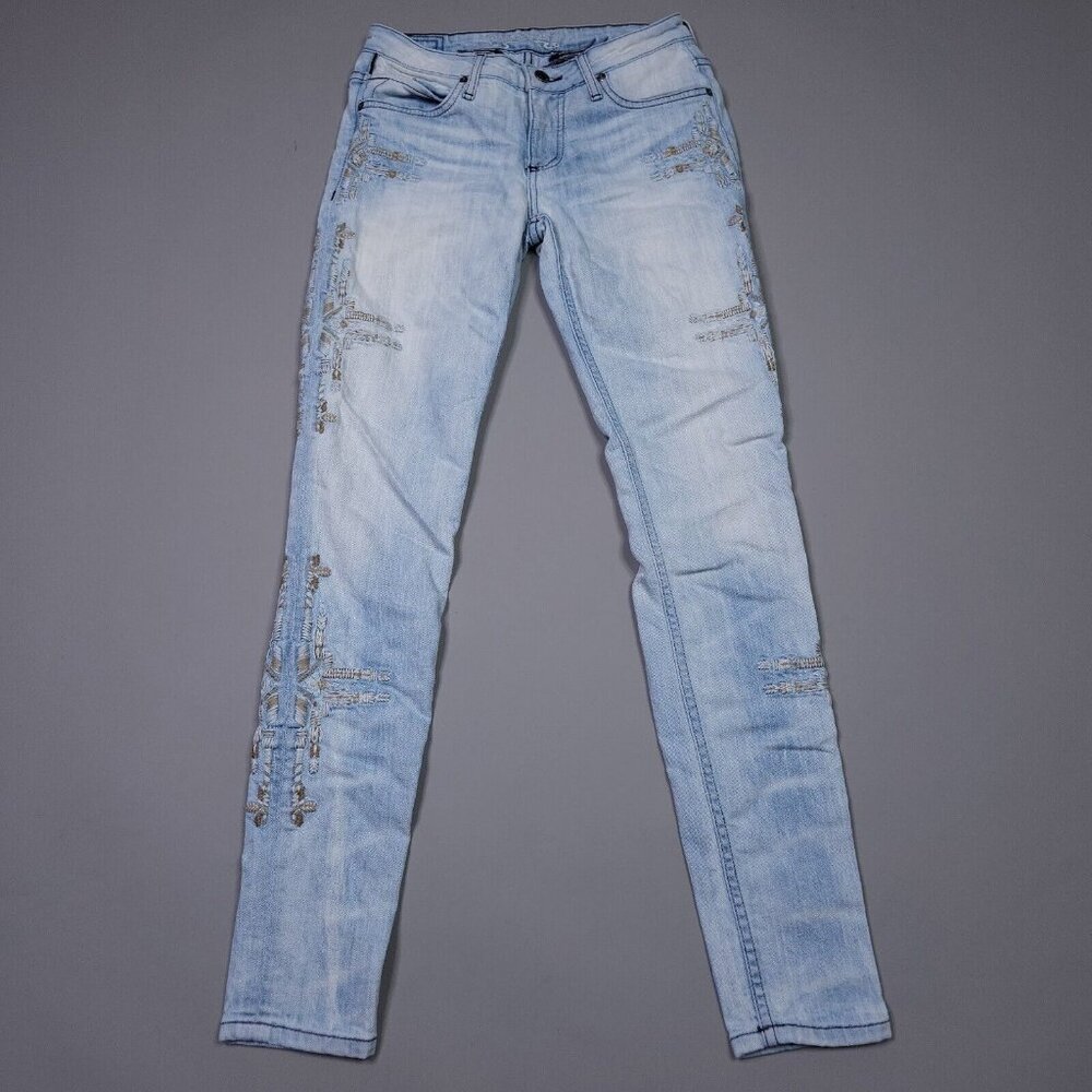Robins Jeans Womens Chapa Indigo Light Wash Embroidered Designer Jeans 27x31